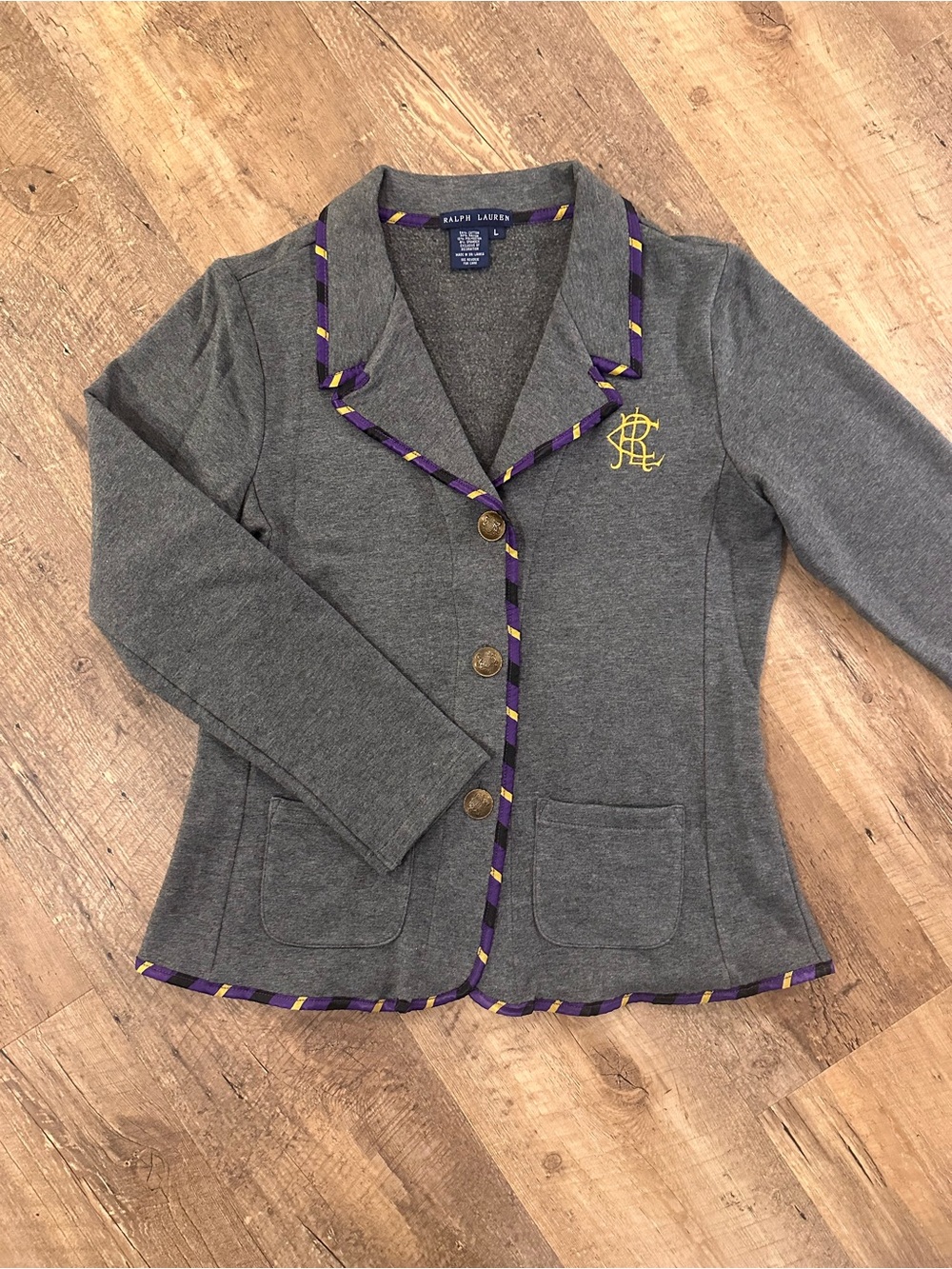 Ralph Lauren Women's Blazer Jacket Gray Purple Gold Trim Embroidered Logo Size L